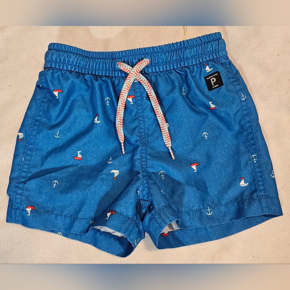Polarn O. Pyret Swim Trunks Blue with White Red Sailboats Anchors Boy's Size 2-4